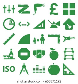 Geometric icons set. set of 25 geometric filled icons such as apple, compass, ruler, triangle ruler, diaper, hair dryer, champagne and wine glasses, son and father, equalizer