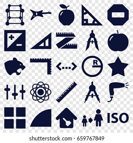 Geometric icons set. set of 25 geometric filled icons such as apple, panther, compass, ruler, triangle ruler, hair dryer, son and father, equalizer, light exposure, iso, angle