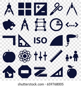 Geometric icons set. set of 25 geometric filled icons such as apple, panther, compass, ruler, triangle ruler, manicure scissors, hair dryer, son and father, equalizer