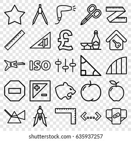 Geometric icons set. set of 25 geometric outline icons such as panther, apple, ruler, triangle ruler, diaper, manicure scissors, hair dryer, champagne and wine glasses