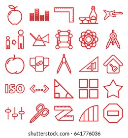 Geometric icons set. set of 25 geometric outline icons such as apple, compass, triangle ruler, ruler, diaper, manicure scissors, champagne and wine glasses, son and father