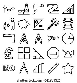 Geometric icons set. set of 25 geometric outline icons such as panther, compass, ruler, triangle ruler, manicure scissors, hair dryer, champagne and wine glasses