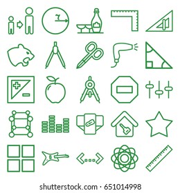 Geometric icons set. set of 25 geometric outline icons such as panther, apple, compass, ruler, triangle ruler, diaper, manicure scissors, hair dryer