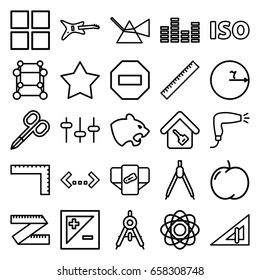 Geometric icons set. set of 25 geometric outline icons such as panther, apple, compass, ruler, triangle ruler, diaper, manicure scissors, hair dryer, equalizer, light exposure