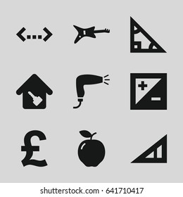 Geometric icons set. set of 9 geometric filled icons such as apple, triangle ruler, hair dryer, light exposure, home key, guitar, triangle, pound