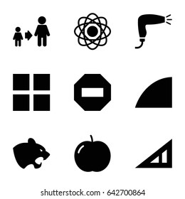 Geometric icons set. set of 9 geometric filled icons such as apple, panther, triangle ruler, hair dryer, son and father, angle, atom, cube