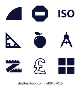 Geometric icons set. set of 9 geometric filled and outline icons such as apple, compass, iso, angle, triangle, cube, minus, measure ruler