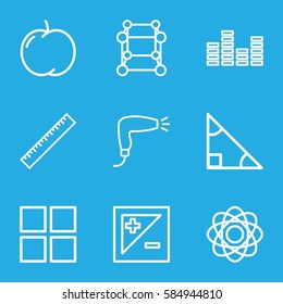 geometric icons set. Set of 9 geometric outline icons such as apple, ruler, hair dryer, equalizer, light exposure, cube, atom