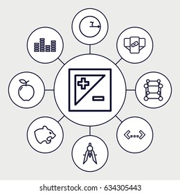 Geometric icons set. set of 9 geometric outline icons such as panther, apple, diaper, compass, equalizer, light exposure, circle, cube