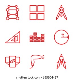 Geometric icons set. set of 9 geometric outline icons such as compass, triangle ruler, diaper, hair dryer, equalizer, cube
