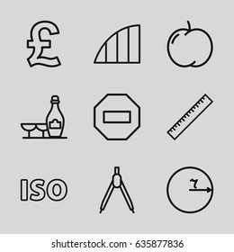 Geometric icons set. set of 9 geometric outline icons such as apple, ruler, champagne and wine glasses, iso, angle, compass, circle, pound