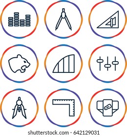 Geometric icons set. set of 9 geometric outline icons such as panther, triangle ruler, ruler, diaper, compass, equalizer