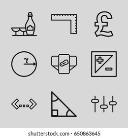 Geometric icons set. set of 9 geometric outline icons such as ruler, diaper, champagne and wine glasses, equalizer, light exposure, triangle, circle, pound