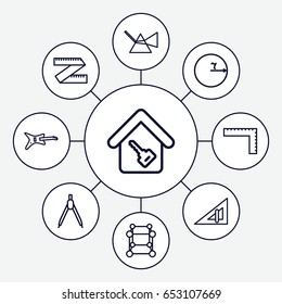 Geometric icons set. set of 9 geometric outline icons such as triangle ruler, ruler, home key, compass, circle, intersection, cube, measure ruler