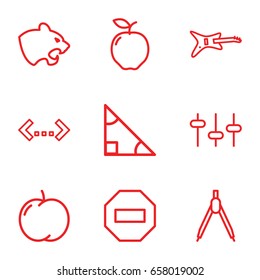 Geometric icons set. set of 9 geometric outline icons such as panther, apple, equalizer, compass, triangle, minus, quotation