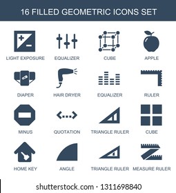 geometric icons. Trendy 16 geometric icons. Contain icons such as light exposure, equalizer, cube, apple, diaper, hair dryer, ruler, minus. geometric icon for web and mobile.