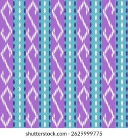 Geometric and ikat continuous fabric pattern on a purple background with blue stripes.