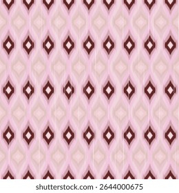 Geometric Ikat Diamond Seamless Pattern. Blush Pink Tribal Textile. Seamless ikat pattern diamond shapes in blush pink and brown. ideal for fashion fabrics, wallpapers, ethnic inspired designs.