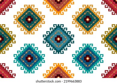 La decoración étnica de ikat geométricos combina un diseño de patrones impecable. Moqueta de tela azteca con mandalas en la decoración textil papel tapiz. Motivo tribal nativo de bordado tradicional adorno vectorial de fondo ilustrado