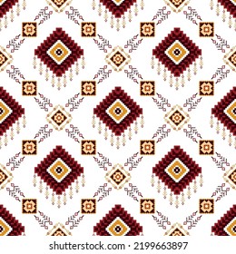 Geometric ikat ethnic decoration seamless pattern design. Aztec fabric carpet boho mandalas textile decor wallpaper. Tribal native motif traditional embroidery decorating vector illustrated background