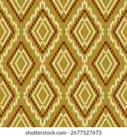 Padrão de ikat geométrico com motivos de diamante em verde e branco em um fundo amarelo quente, criando um design têxtil arrojado e tradicional.
