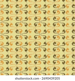 Geometric ikat pattern with diamond motifs in green and white on a warm yellow background, creating a bold and traditional textile design.
