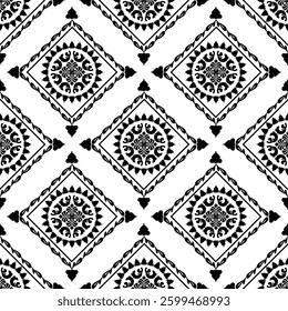 Geometric ikat seamless oriental ornament in the style of baroque or Victorian traditional classic vector black and white pattern. Tiles and pottery patterns, wallpaper, rugs, curtains, and blankets.