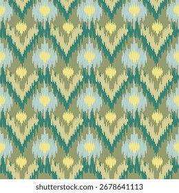 Geometric ikat-inspired textile pattern with repeating abstract shapes in gradient tones suitable for fabric wallpaper or digital design.