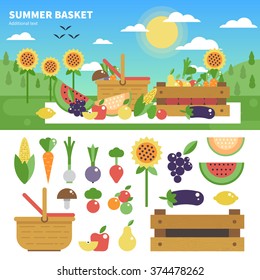 Geometric illustartion of the basket with vitamins. Fruits and vegetables on the lawn in a sunny day. Fruits and vegetables icons isolated on white background