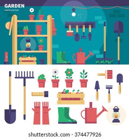 Geometric illustartion of gardening equipment. Household tools for gardening in the shed, watering-can, plants, gloves, shovel and pots isolated on white background