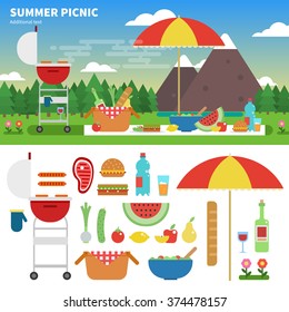 Geometric illustartion of summer picnic in the mountains. Rest and weekend concept. Umbrella, tablecloth, basket with food, fruits, grill amd meat isolated on white background
