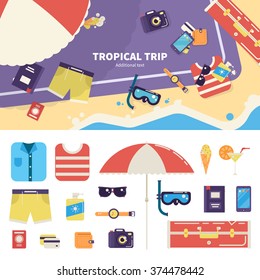 Geometric illustartion of summer vacation staff. Entertainment elements on the sand near the sea, tropical trip equipment, camera, hat, map, sunglasses, slippers isolated on white background