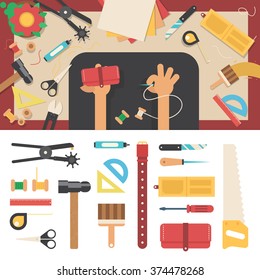 Geometric illustartion of workplace for leather goods. Hobby and leisure concept. Table with tools and working hands with needle. Hammer, needle, saw and goods isolated on white background