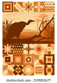 Geometric illustration with African savannah and vulture silhouette. Griffon vulture or Eurasian griffon. Wild birds of Africa. Realistic vector composition