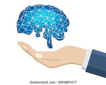 Geométrica, ilustración de un cerebro flotando en la mano. Material gráfico de imágenes de IA, red, tecnología