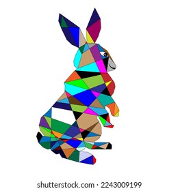 Geometric illustration composed of multicolored rabbits on isolated white background.
