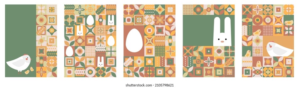 Geometric illustration for Easter holidays with rabbits, hens, chicks, eggs and neo geometry pattern. Modern geometric abstract style. Vector composition for Easter and spring