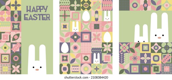 Geometric illustration for Easter holidays with simple white rabbits and eggs and neo geometry pattern. Modern geometric abstract style. Vector composition for Easter and spring