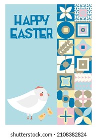 Geometric illustration for Easter holidays with white chicken and neo geometric pattern. Vector composition for Easter and spring