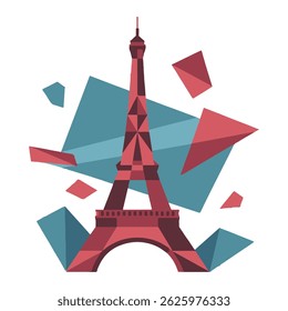 Ilustração geométrica da torre eiffel em paris com formas abstratas e paleta de cores moderna