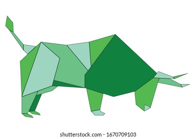 Geometric illustration of green bull origami style design.
