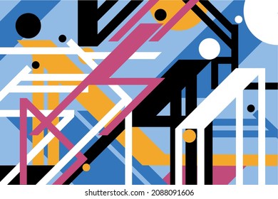 Geometric illustration of human figures doing stretching exercise