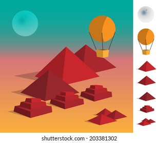 Geometric illustration landscape of pyramids on dessert and balloon - colourful with used elements set like moon, pyramids and balloon