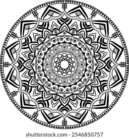 Projeto de mandala de ilustração geométrica com fundo preto e branco