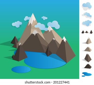 Geometric illustration of mountain landscape with lake, colourful with used elements set like cloud, mountains, lake - EPS