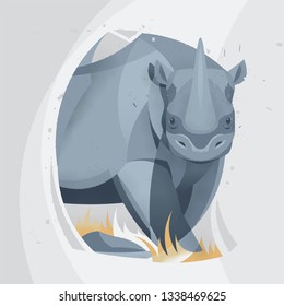 Geometric illustration of a one-horned rhinoceros. an endangered rhino. A rhinoceros faces to the side.