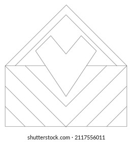 Geometric illustration of an open envelope with a heart. Black and white abstract vector icon with thin lines. Line thickness editable