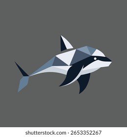 A geometric illustration of an orca whale is centered on a gray background. The orca is constructed from various polygons in shades of blue, white, and dark blue. The composition is simple and flat