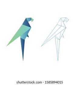 Geometric illustration. Origami icon, logo for various brands with animals. Parrot, Bird, Chick, Paper. Coloring gradient and low poly style. Set. 
Blue green color. Triangle vector design. eps 10 