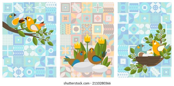 Geometric illustration with a pair of birds in a nest and and neo geometry pattern. Vector composition for Easter, spring and summer